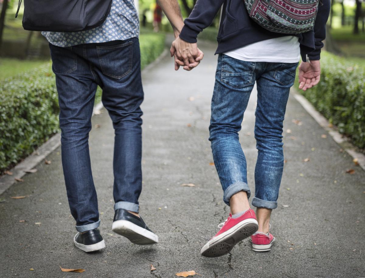 Gay couple holding hands park