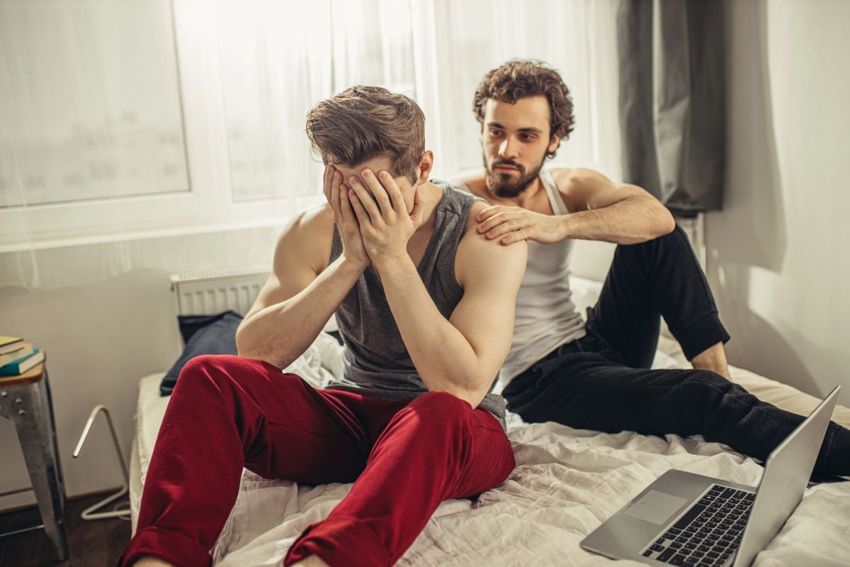 Gay couple bed fight