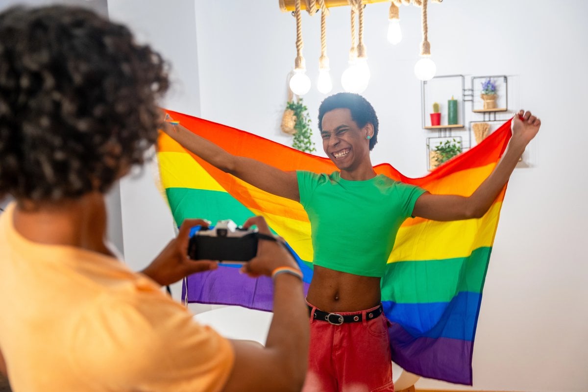 Gay friends rainbow flag pride