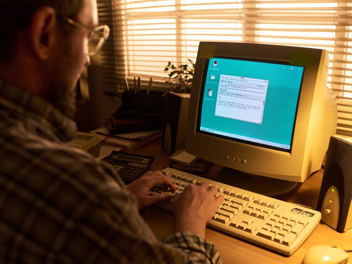 A man in glasses typing on a beige vintage desktop computer with a CRT monitor, sunlight coming through window blinds