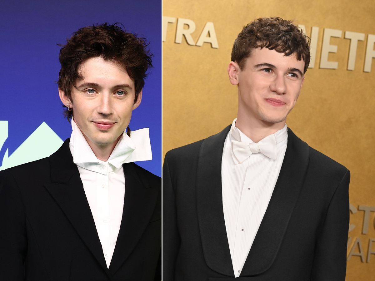 Side-by-side photos of Troye Sivan in a black jacket with an oversized white collar and Sam Nivola in a white-tie tuxedo