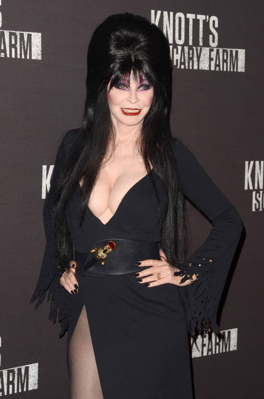 Cassandra Peterson as Elvira in her black gown and towering black hair at Knott's Scary Farm