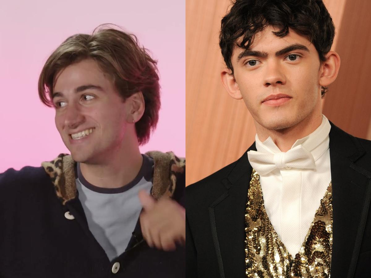 Sebastian Croft smiling in a dark cardigan, beside Joe Locke in a tuxedo with a white bow tie