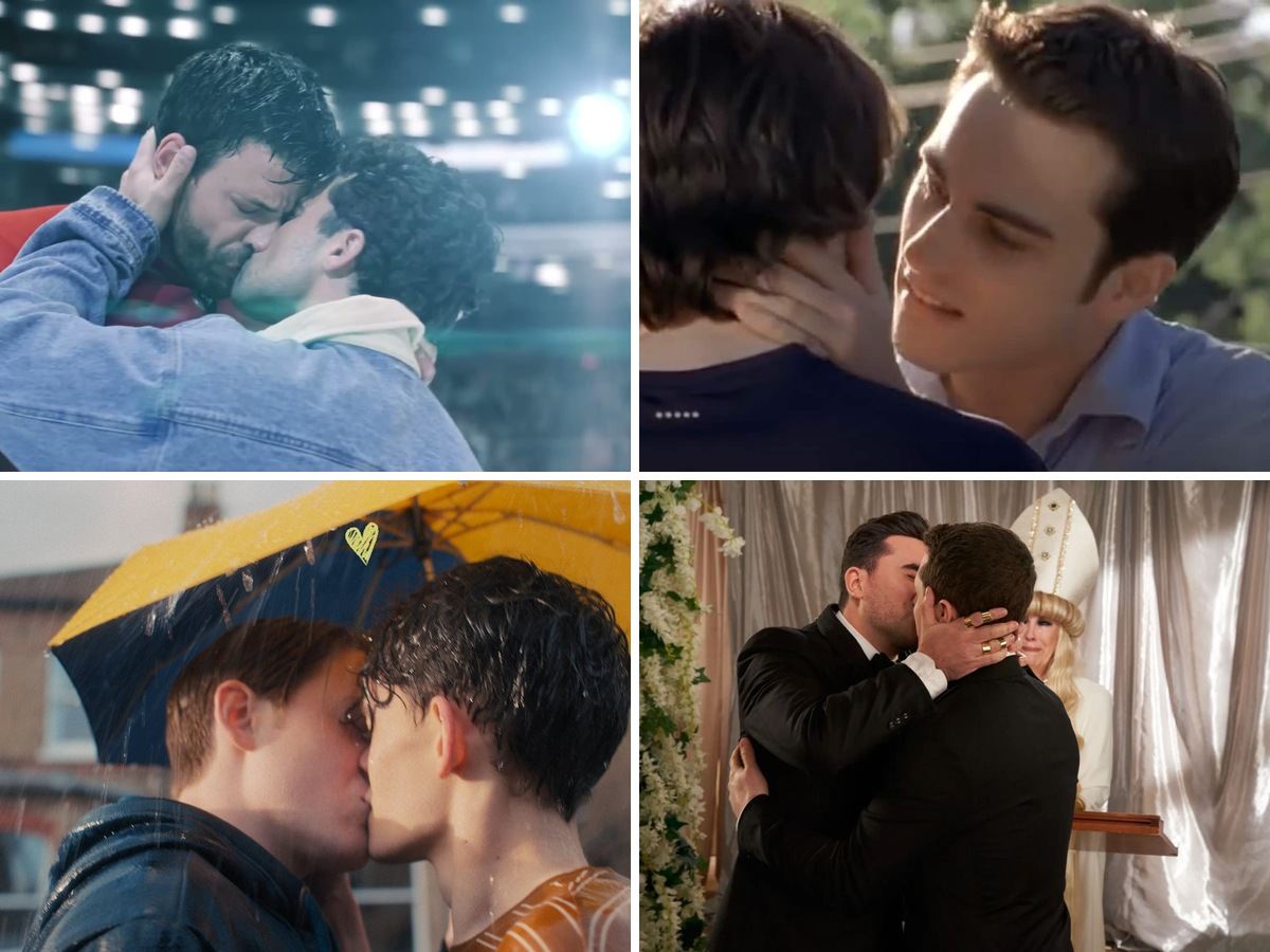 Collage of four TV kisses: Scott and Kip on the ice in Heated Rivalry, Jack and Ethan in Dawson's Creek, Nick and Charlie under an umbrella in Heartstopper, and David and Patrick at their wedding in Schitt's Creek