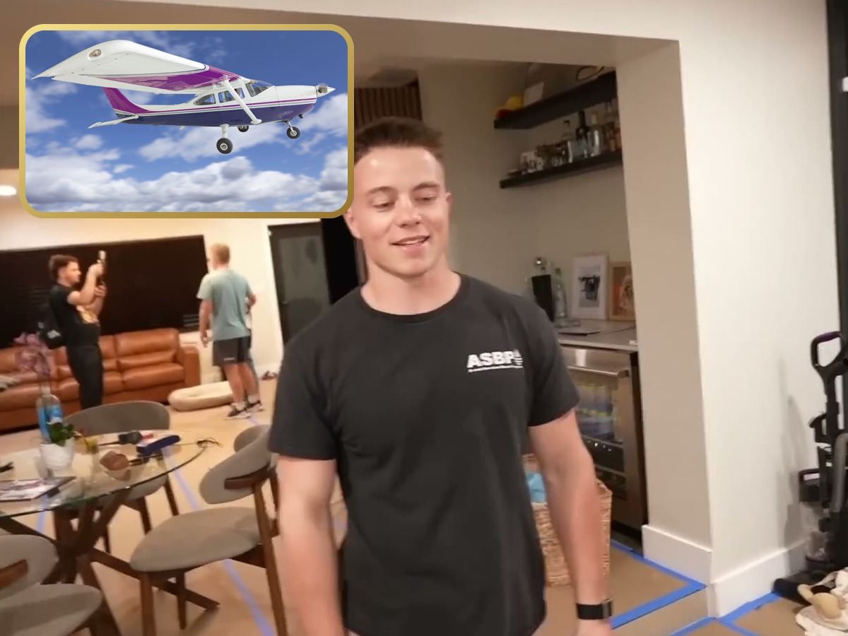Michael Doherty smiling in a black T-shirt in his new house, with an inset photo of a small Cessna plane flying through a blue sky