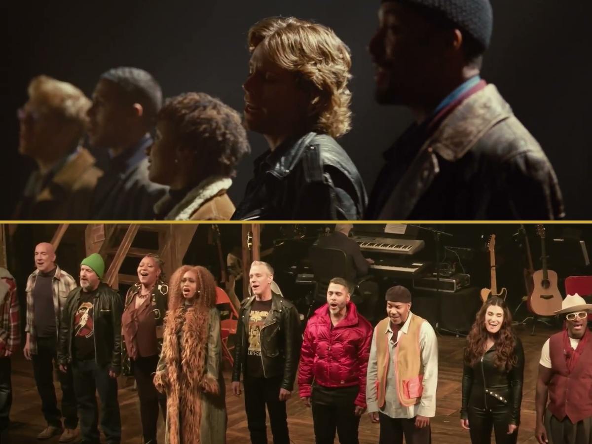 Top: Rent's cast singing Seasons of Love in a line in the 2005 film. Bottom: the original cast singing it again in a line at the 30th anniversary concert