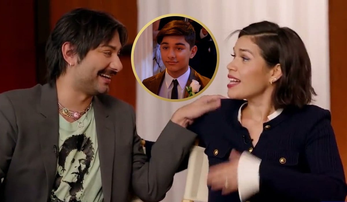 Mark Indelicato and America Ferrera laughing at the Ugly Betty reunion, with an inset of a young Mark Indelicato as Justin Suarez