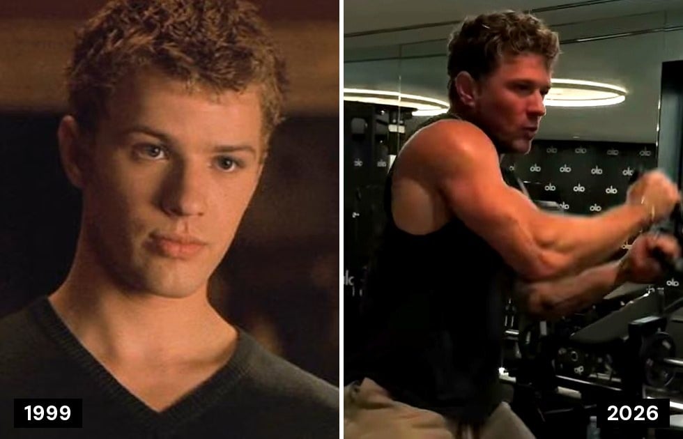 Ryan Phillippe in Cruel Intentions in 1999 next to Ryan Phillippe working out in a gym in 2026