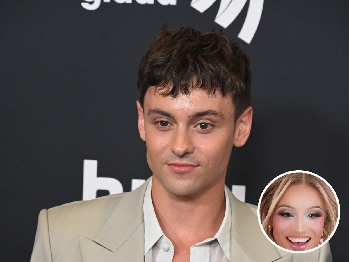 Tom Daley in a beige suit at the GLAAD Awards, with a small circular inset of his blonde drag look