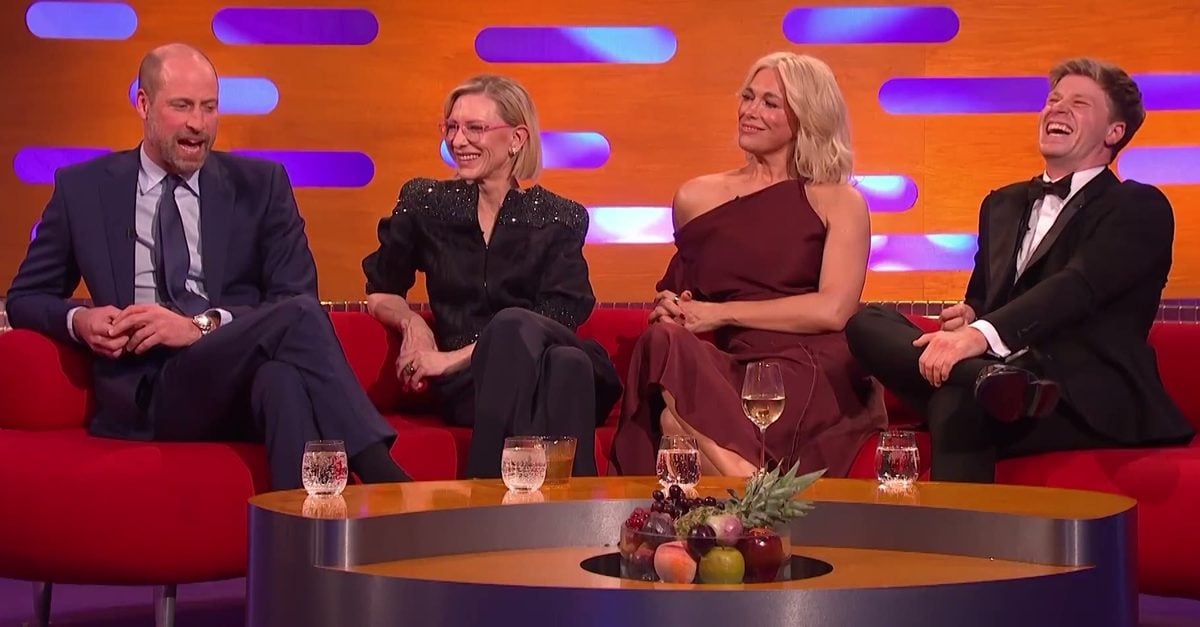 Prince William, Cate Blanchett, Hannah Waddingham and Robert Irwin laughing on the red sofa of The Graham Norton Show