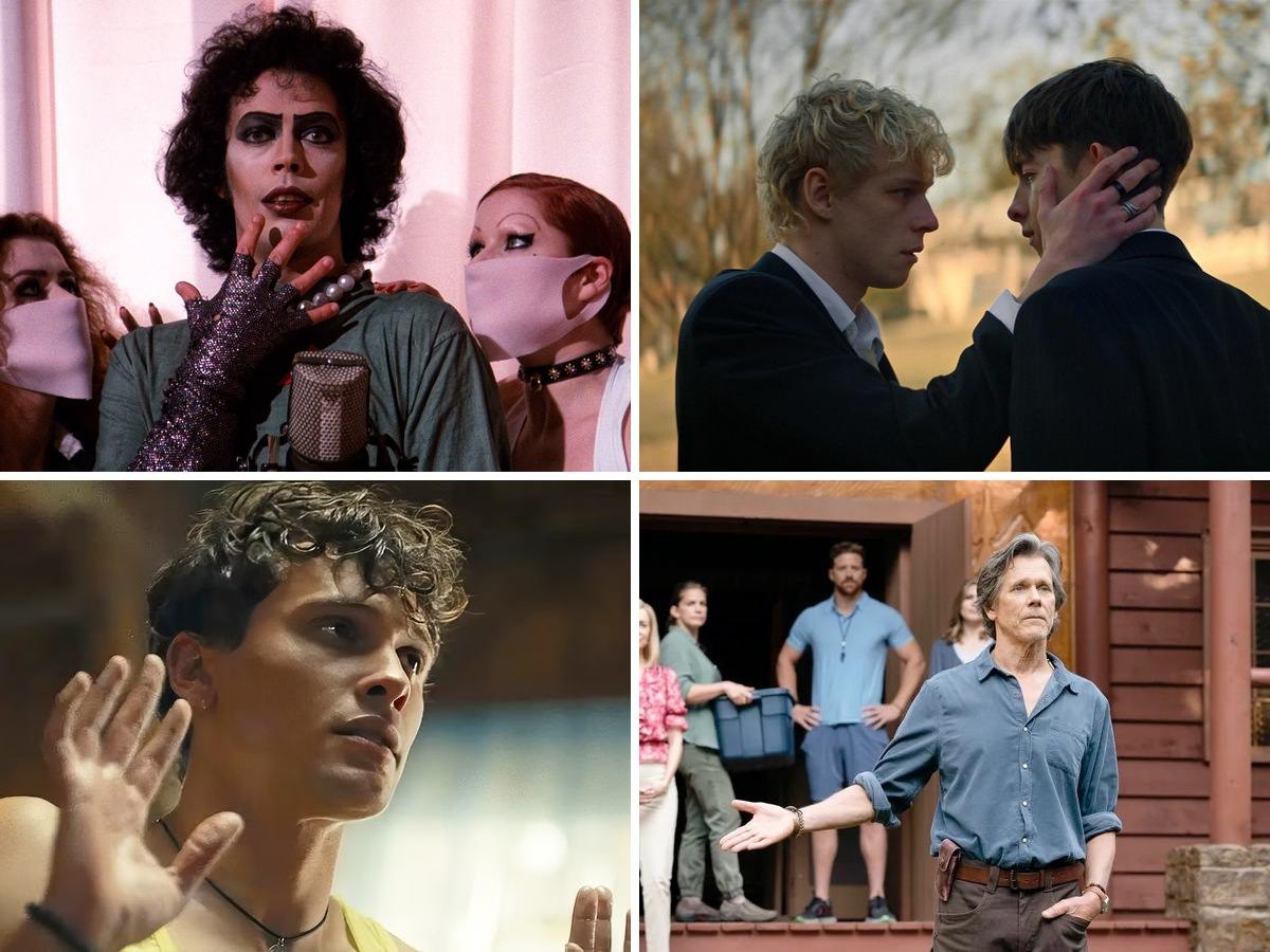 Collage of Tim Curry as Frank-N-Furter with Columbia, the two boys from Leviticus, Cooper Koch in Swallowed, and Kevin Bacon in They/Them