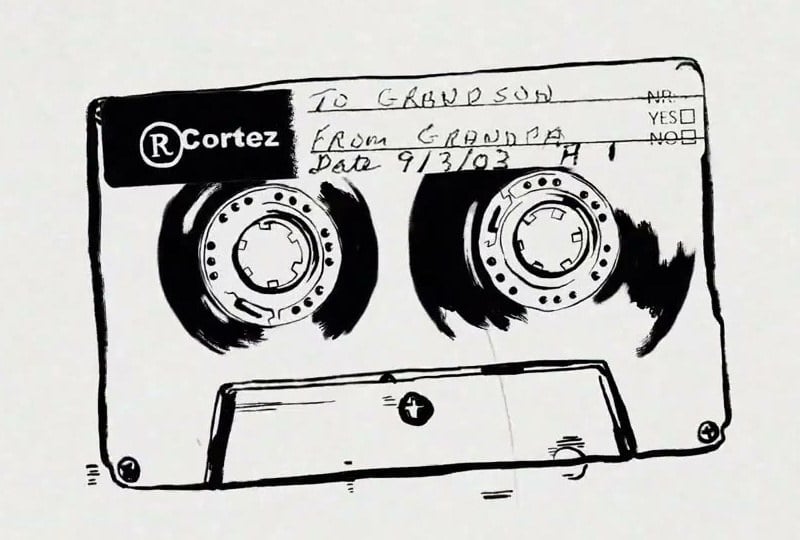 Hand-drawn cassette tape labeled To Grandson, From Grandpa, dated 9/3/03