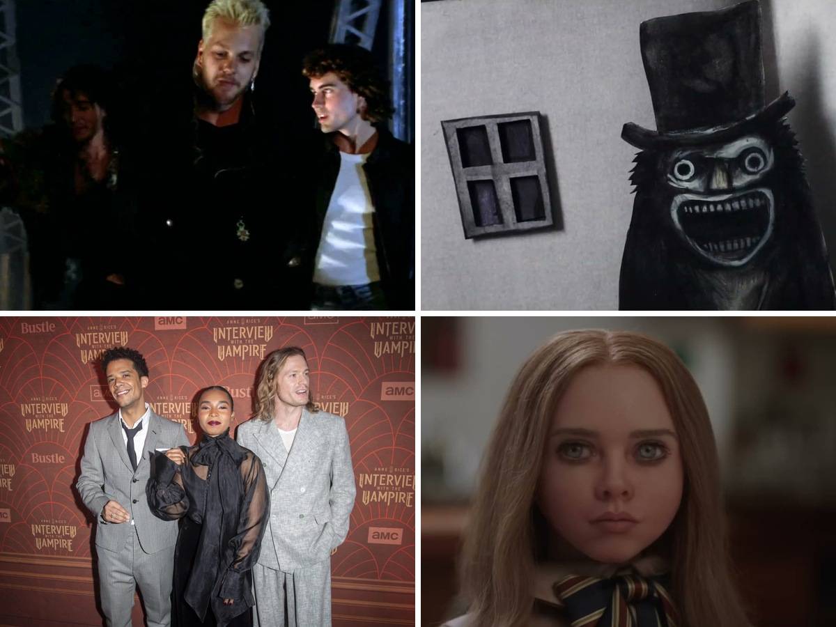 Collage of Kiefer Sutherland and Jason Patric with the Lost Boys gang, the Babadook in his pop-up book, Jacob Anderson and Sam Reid at an Interview with the Vampire premiere, and M3GAN