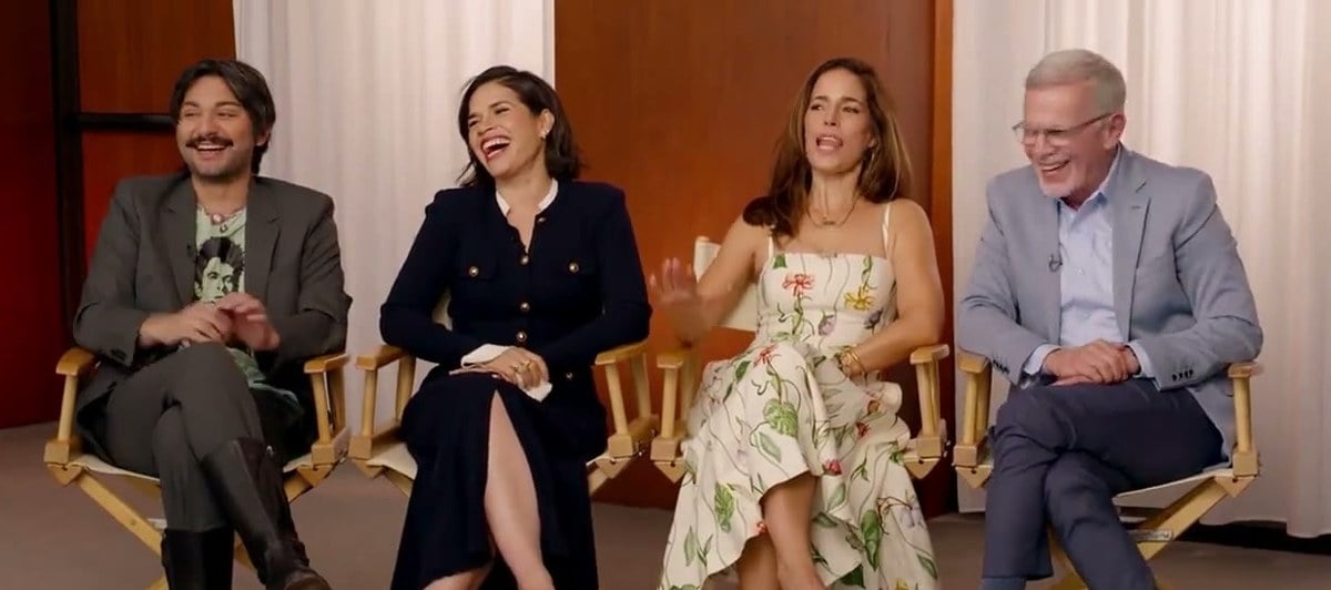 Mark Indelicato, America Ferrera, Ana Ortiz and Tony Plana laughing in directors chairs at the Ugly Betty reunion